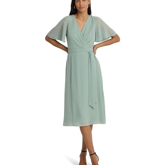 Lauren Ralph Lauren Belted Georgette Faux Wrap Short Sleeve Dress Size 10 NWT - Picture 1 of 13